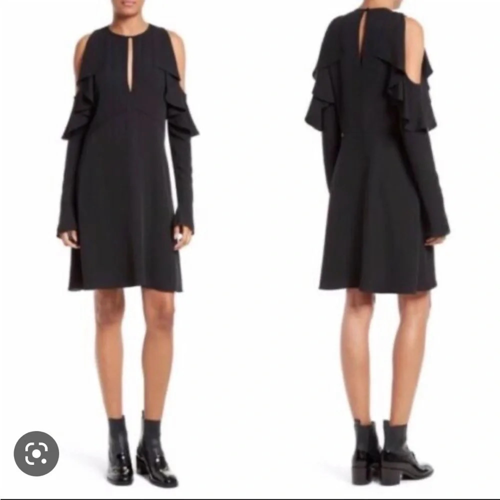 THEORY SOPHRONIA BLACK COLD SHOULDER RUFFLE SILK DRESS